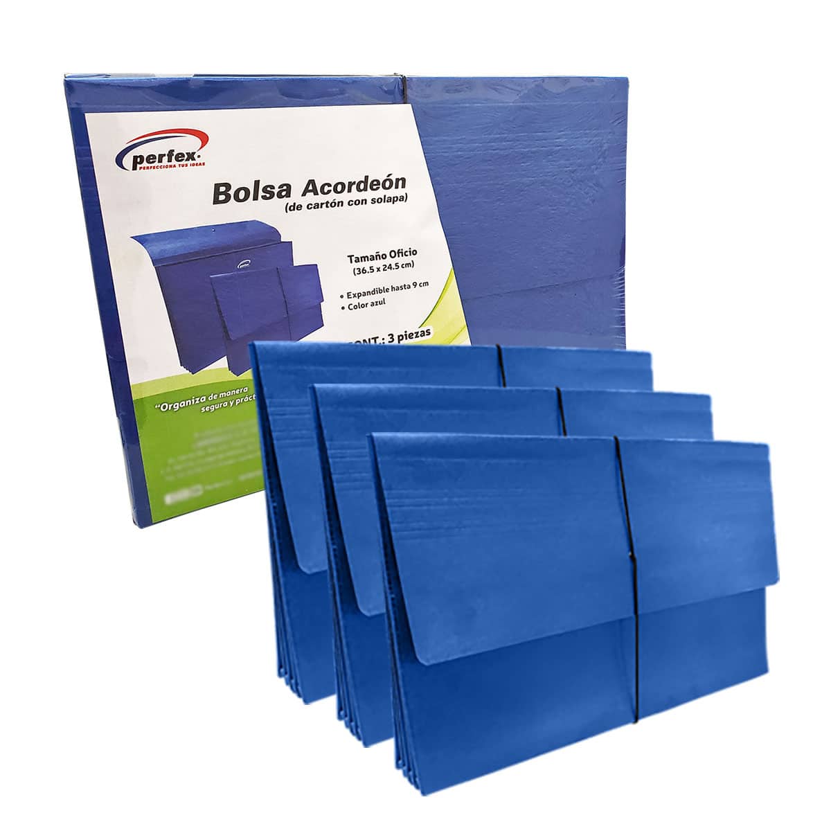 Folder Expandible tipo bolsa para archivar color Azul Tamaño Oficio 3  piezas - PERFEX