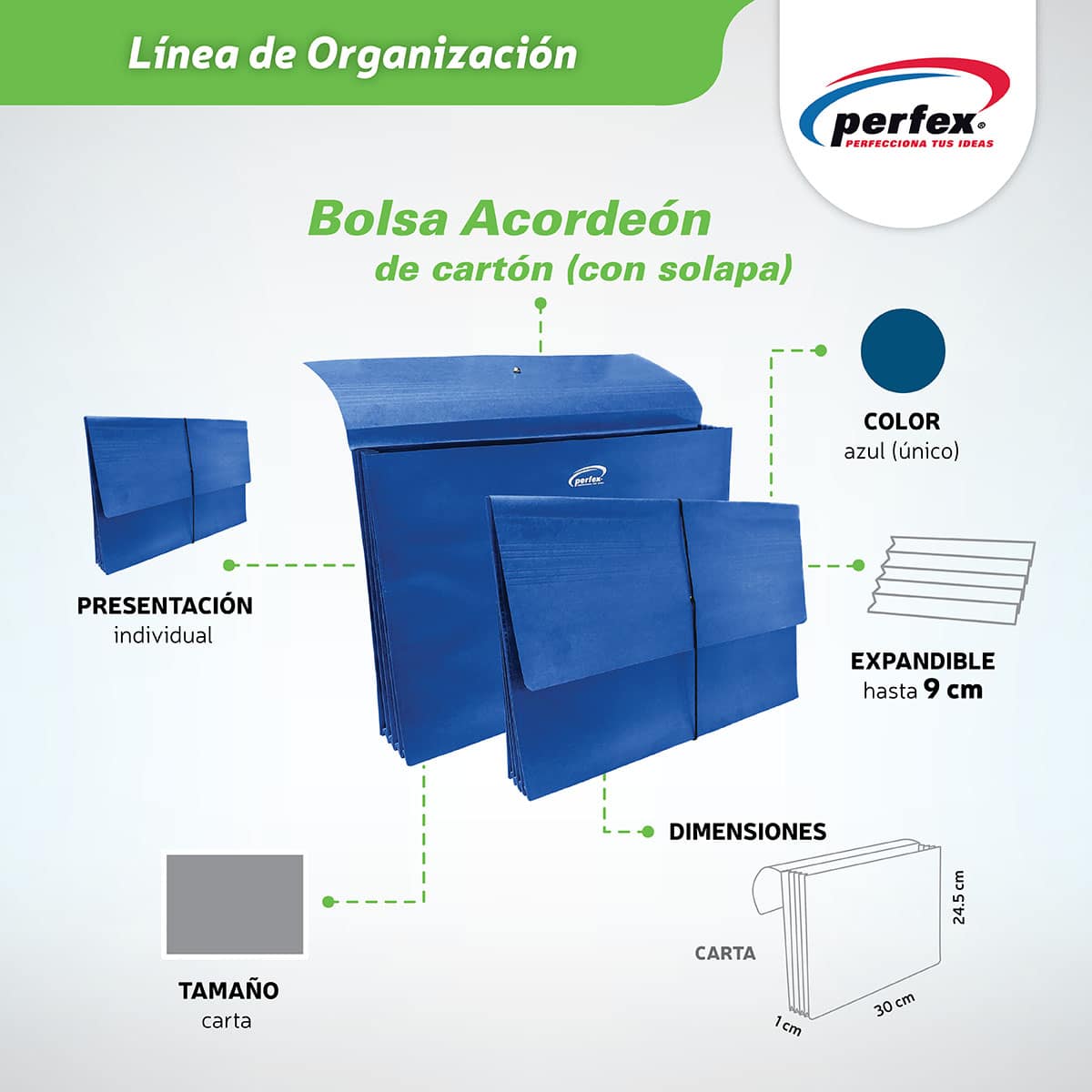 Folder Expandible tipo bolsa para archivar color Azul Tamaño Carta - PERFEX
